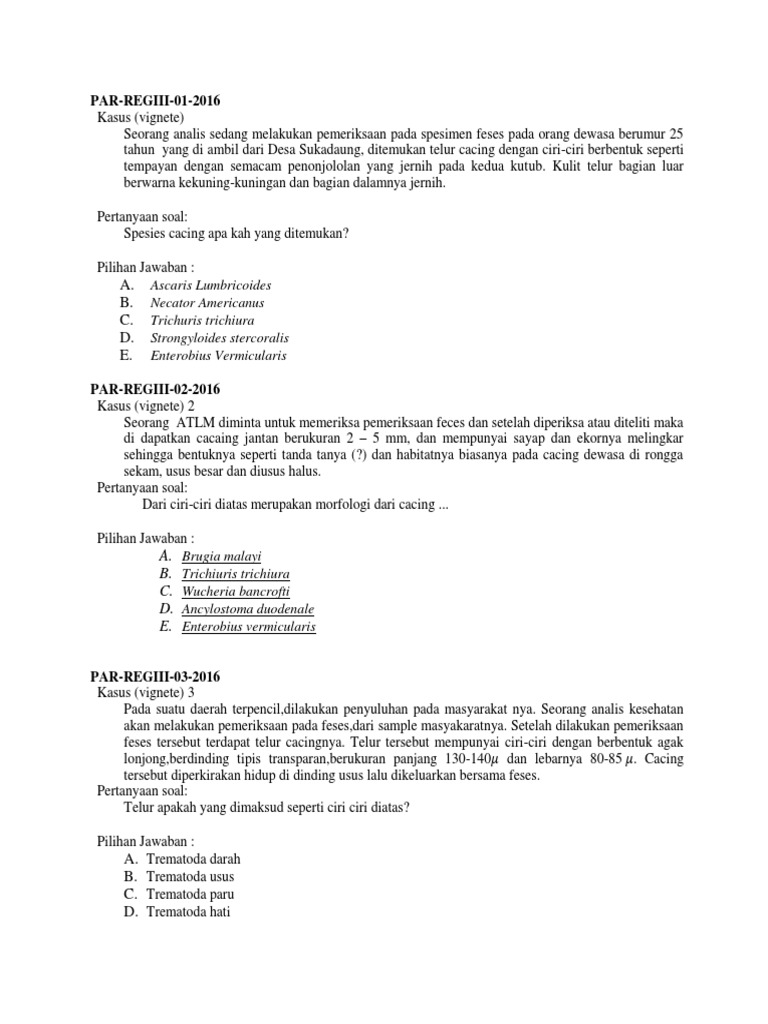 103684 Soal Parasitologi 1 54 Regional Iii Docx
