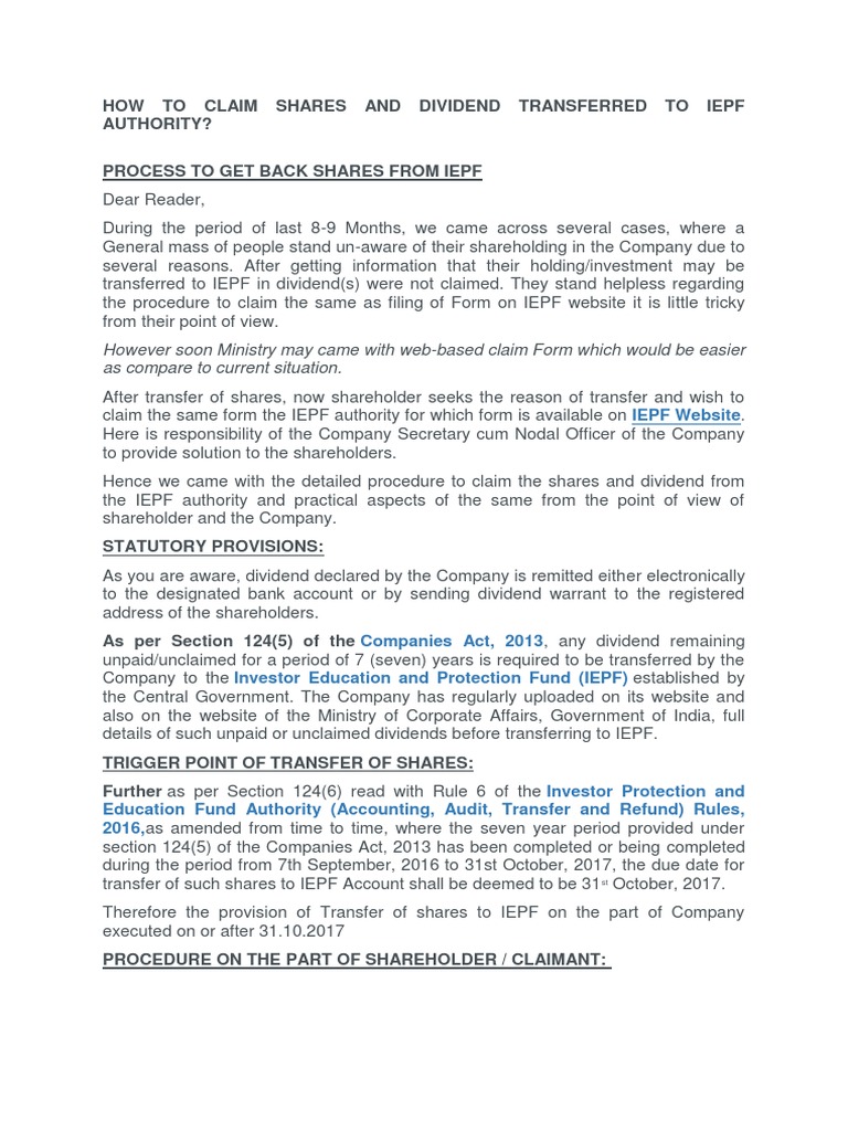 Claiming Shares from IEPF: A Guide | PDF | Corporations | Government