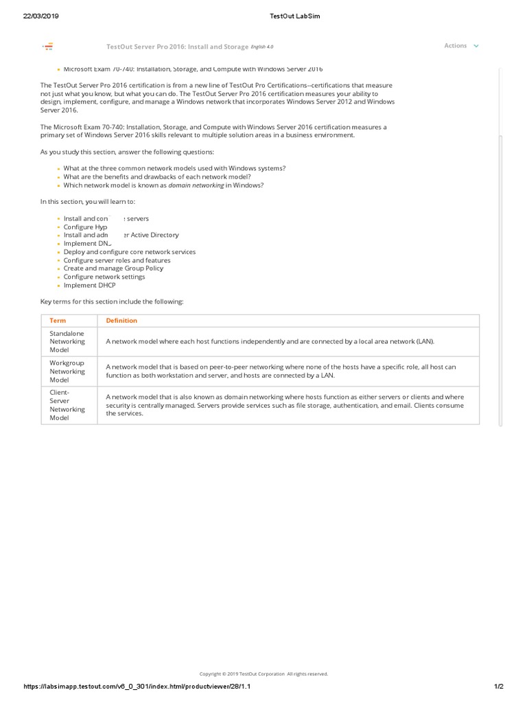 TestOut LabSim 1.1 PDF Server Computer Network