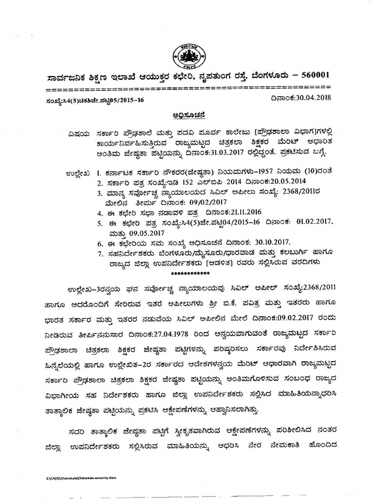 Seniority List of Secondary School Drawing Teachers in Karnataka as of