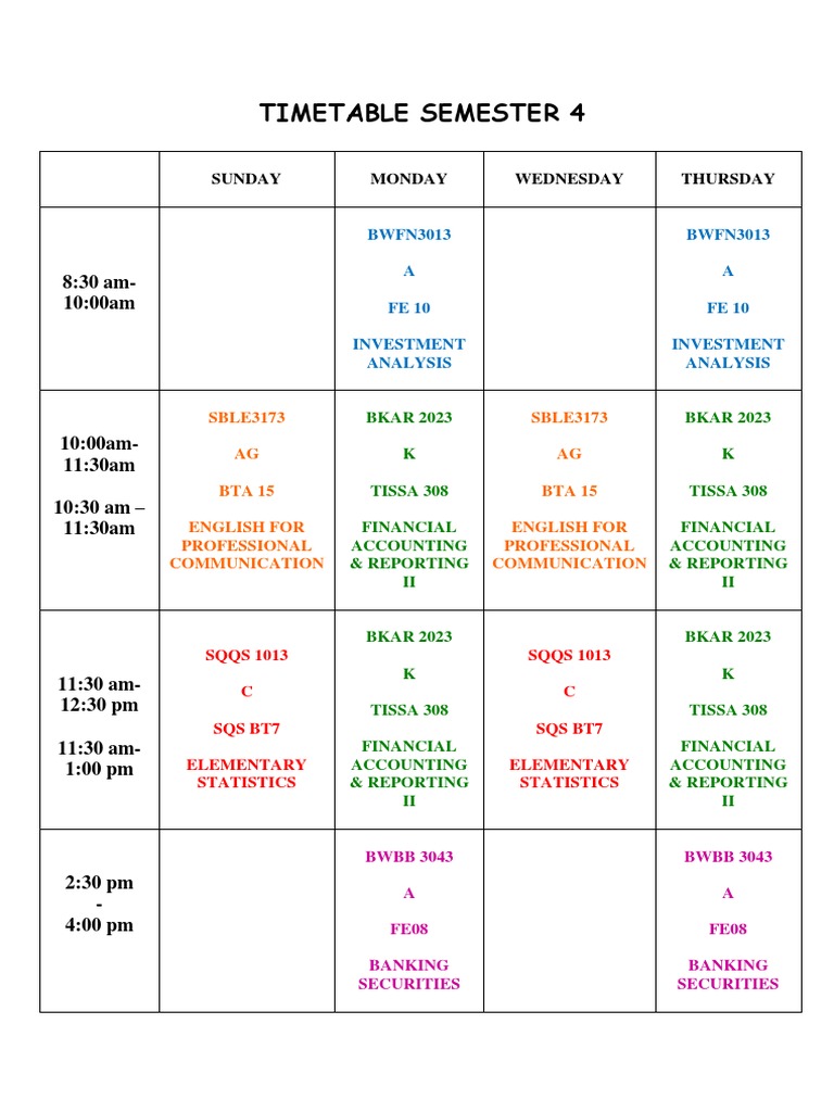 Semester 4 Timetable Overview | PDF
