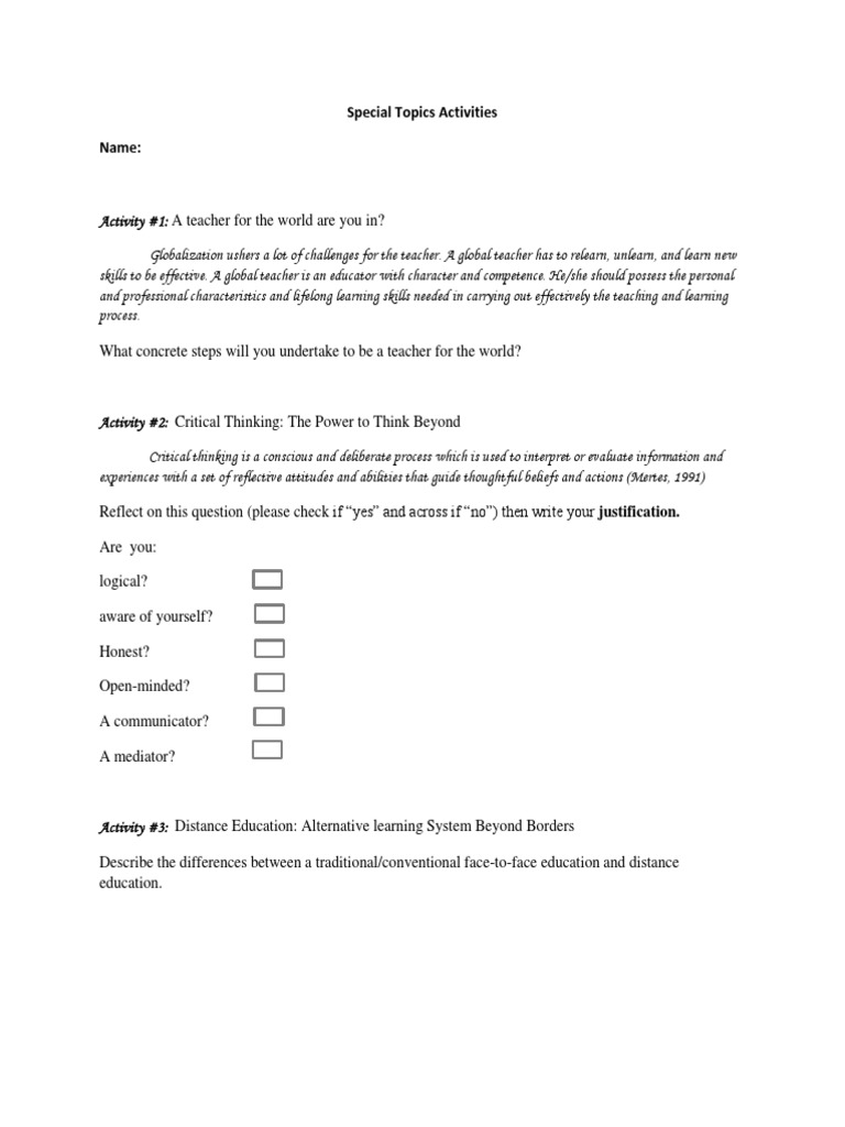Special Topics Activities | PDF
