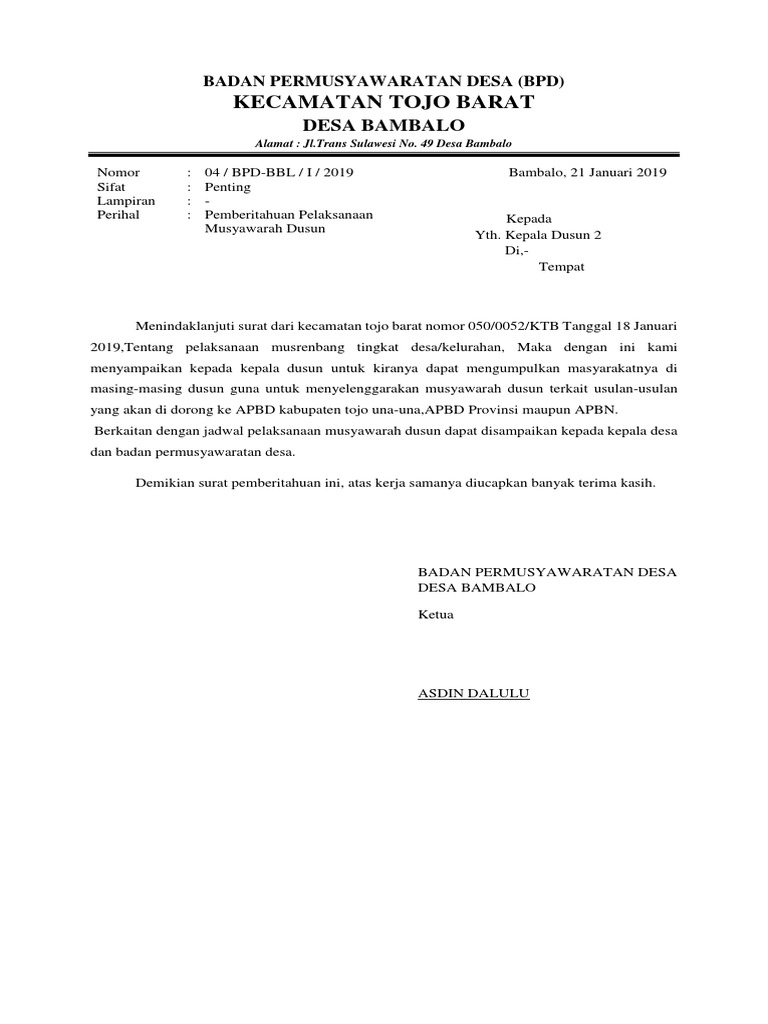 Surat Pemberitahuan Musdus Bpd