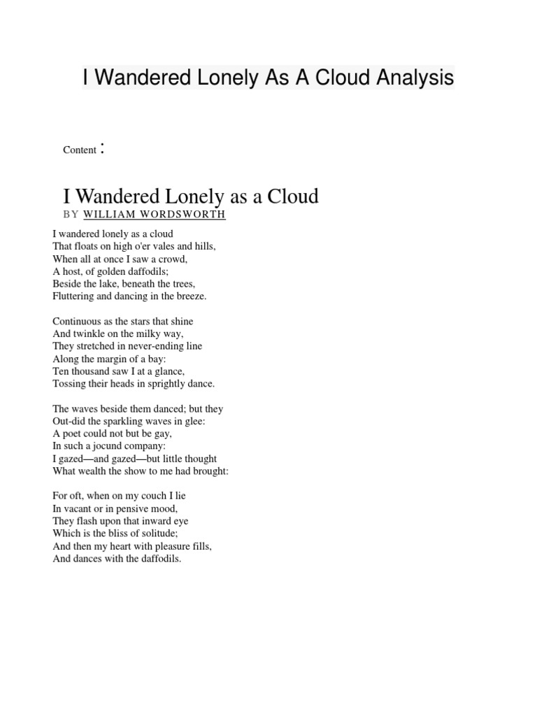 I Wandered Lonely As A Cloud Analysis PDF Poetry