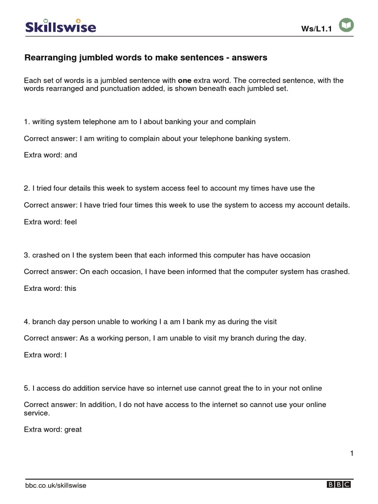 Rearranging Jumbled Words To Make Sentences - Answers | PDF