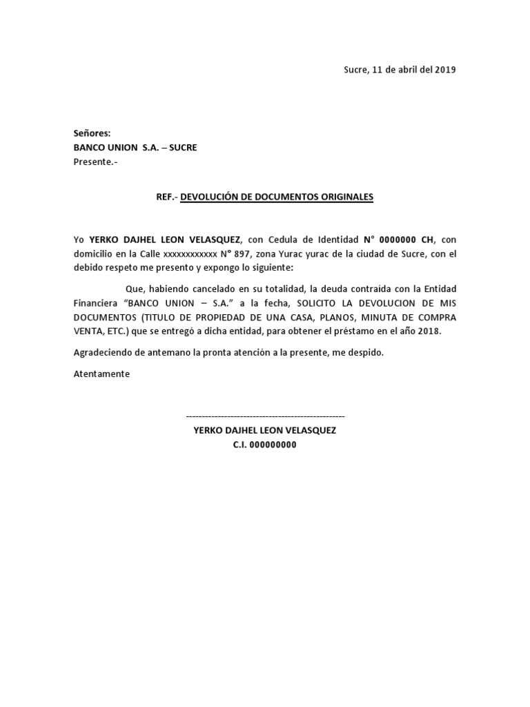 SOLICITUD AL BANCO UNIÓN S.A. DE DEVOLUCIÓN DE DOCUMENTOS
