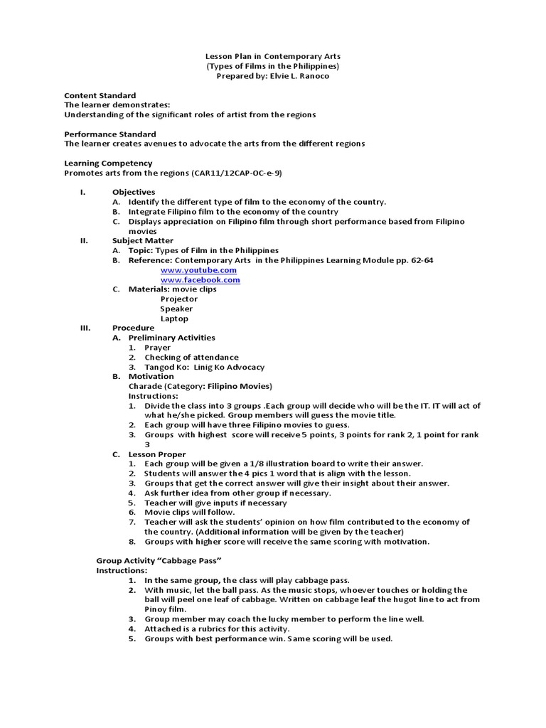 Lesson Plan in Contemporary ArtsFilm PDF Lesson Plan Learning