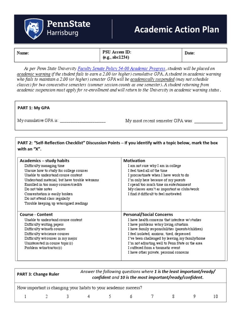 Academic Action Plan Name Date PSU Access ID (E.g., Abc1234) PDF