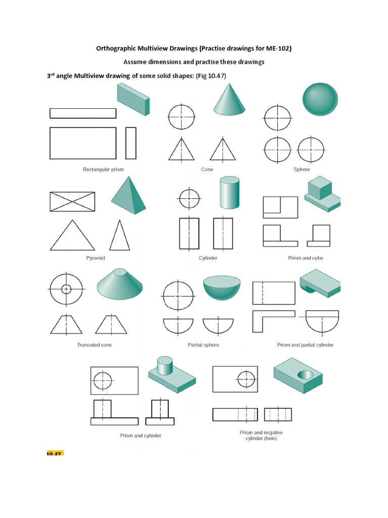 Orthographic Multiview Drawings (Practise Drawings For ME-102) | PDF