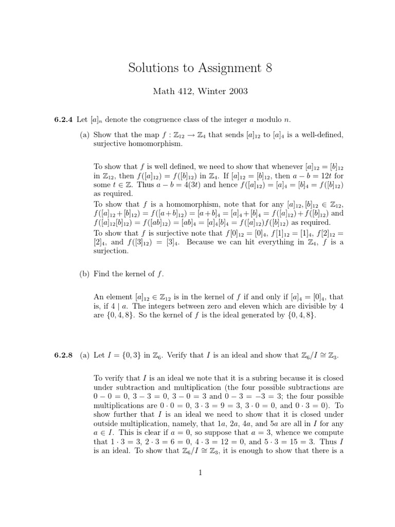 Math 412 Assignment 8 Solutions | PDF | Ring (Mathematics) | Integer