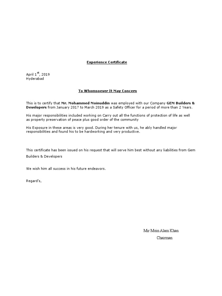 Safety Officer Experience Certificate | PDF | Business