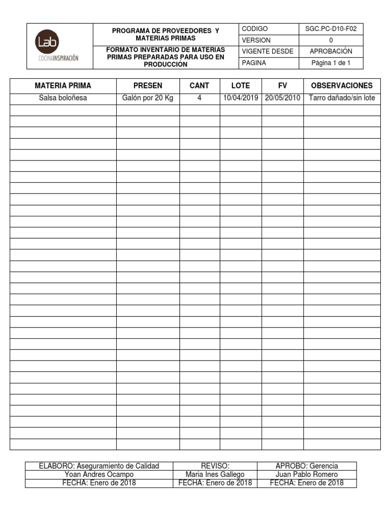 Formato de Inventario Materias Primas Prep Proceso PDF
