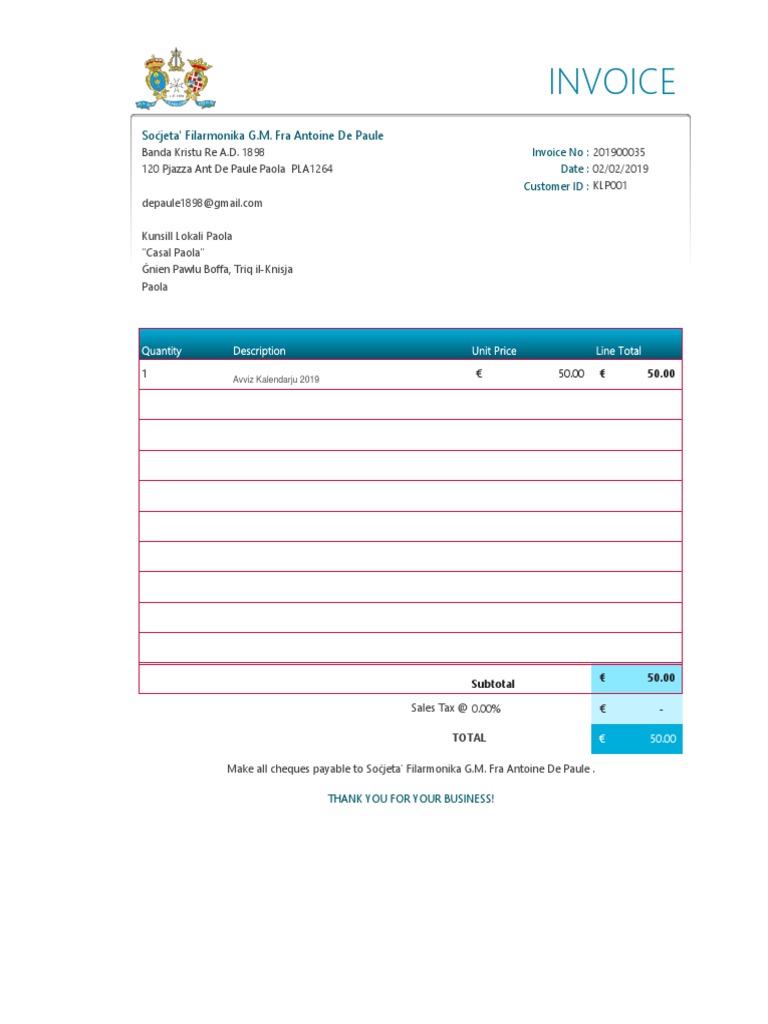 Invoice: Soċjeta' Filarmonika G.M. Fra Antoine de Paule | PDF