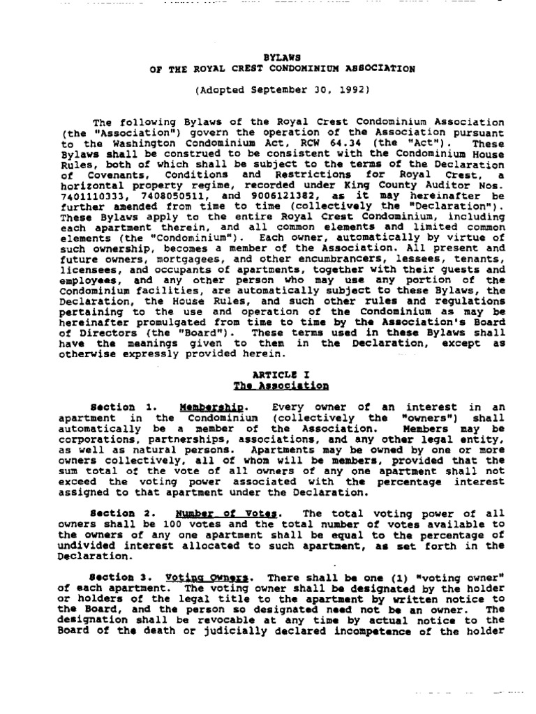 Royal Crest Condo Bylaws PDF