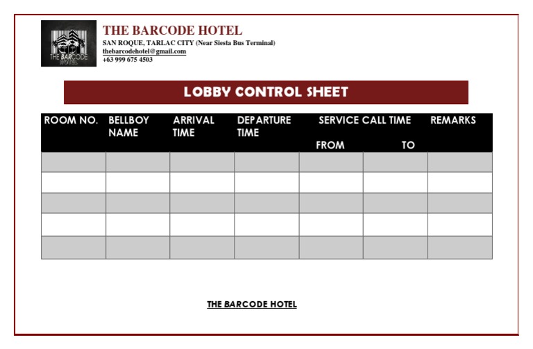 Lobby Control Sheet for The Barcode Hotel | PDF