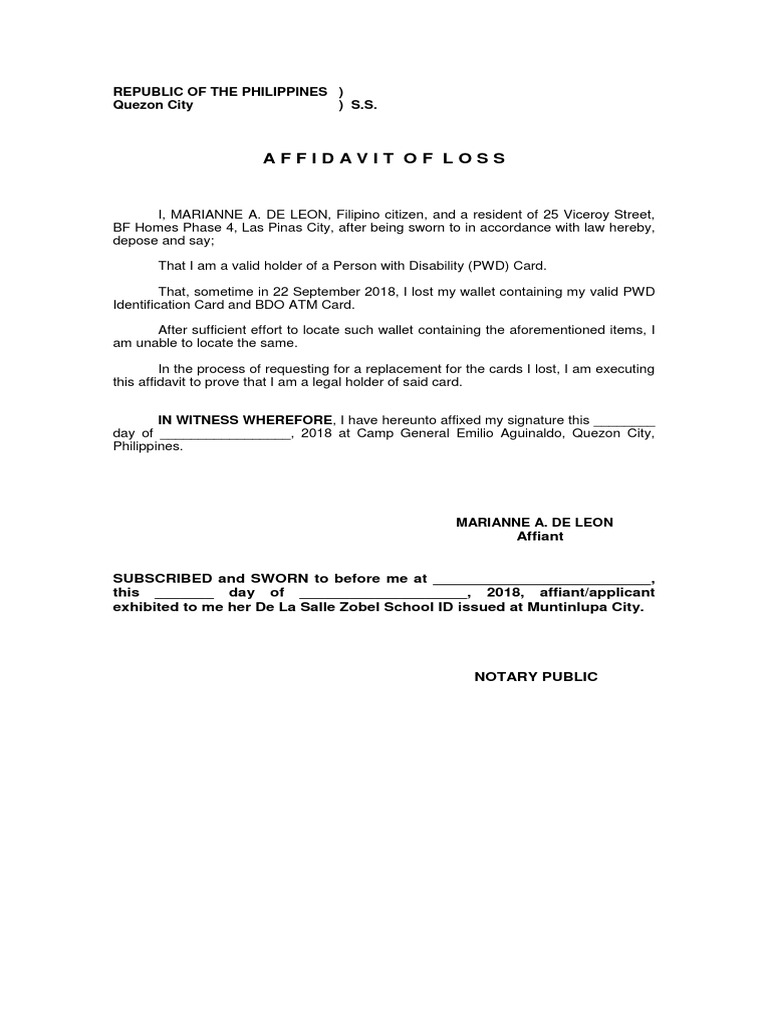 Affidavit of Loss for PWD Card | PDF
