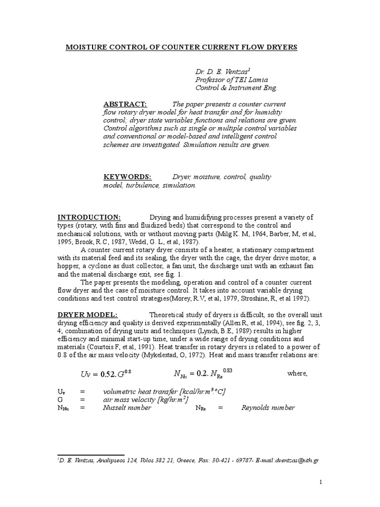 Moisture Control of Counter Current Flow Dryers PDF Clothes Dryer