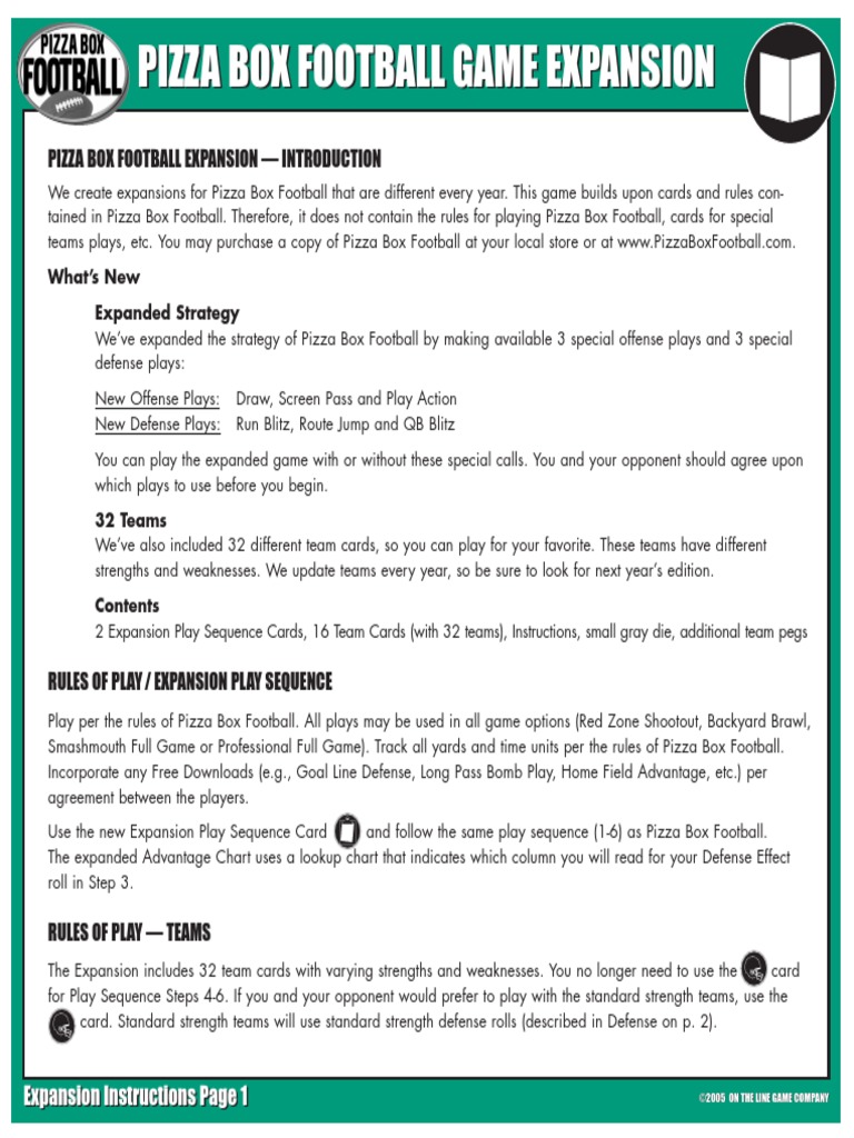 Pizza Box Football Game Expansion PDF Leisure Sports