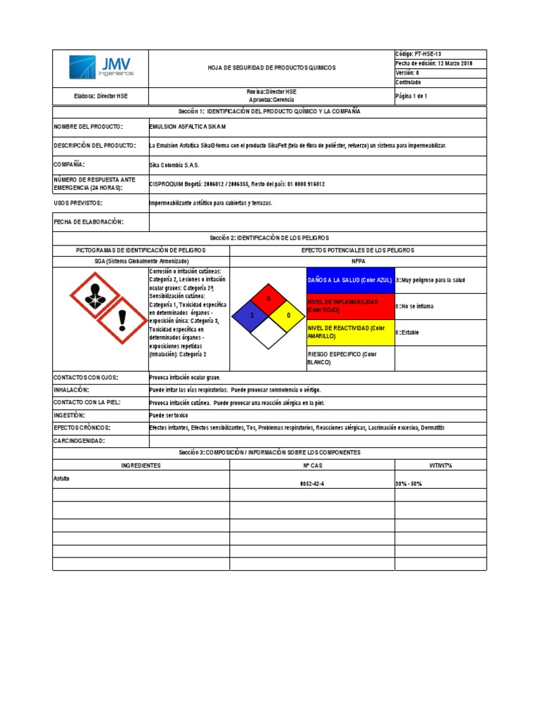 Msds Emulsión Asfaltica PDF Seguridad y salud ocupacional Agua