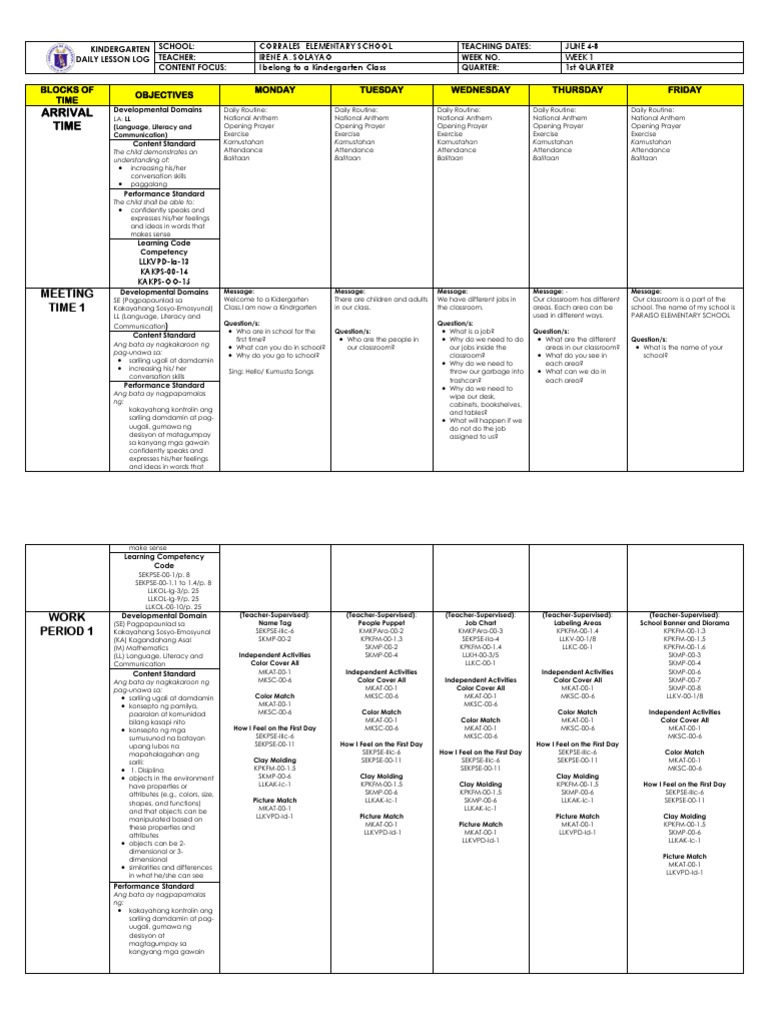 Arrival Time Blocks of Time Objectives Monday Tuesday Wednesday