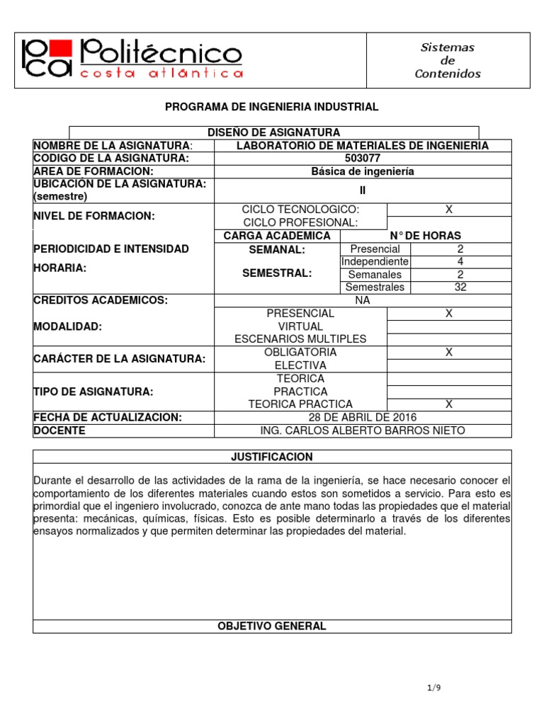 Syllabus Laboratorio De Materiales Docx Medicion Laboratorios