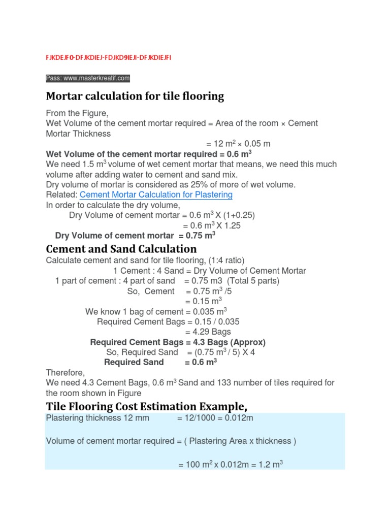 Mortar Calculation For Tile Flooring Wet Volume of The Cement Mortar