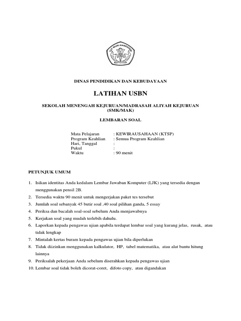 Soal Usbn Kewirausahaan Dan Kunci Jawaban