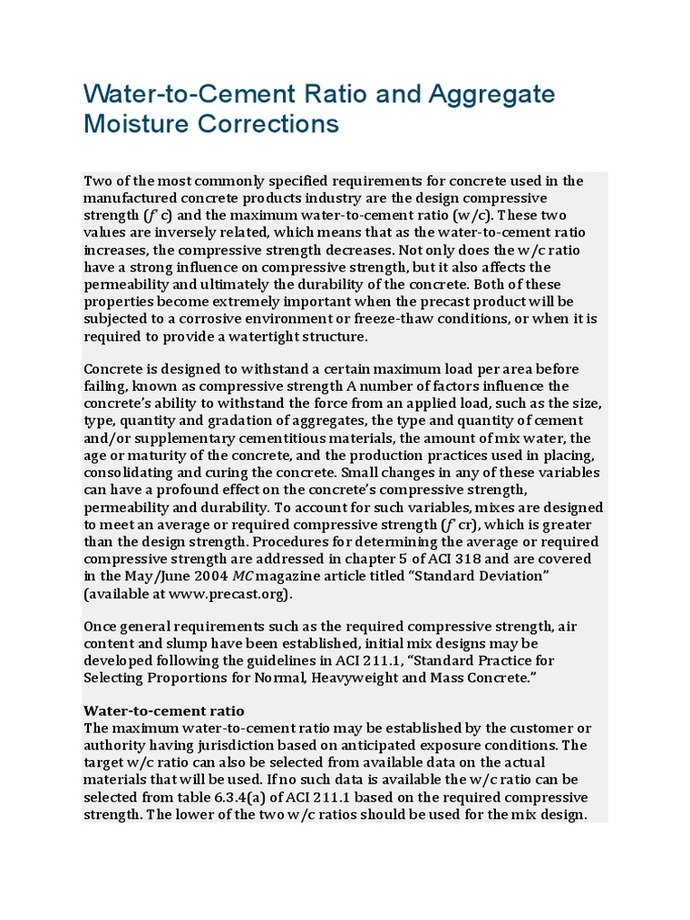 Water To Cement Ratio And Aggregate Moisture Corrections Pdf