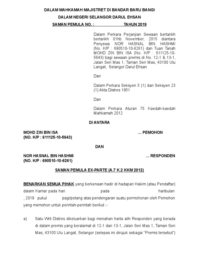 Contoh Saman Pemula Ex Parte For Probate Pdf Dalam Mahkamah Tinggi Malaya Di Shah Alam Dalam Negeri Selangor Darul Ehsan Malaysia Saman Pemula No Course Hero