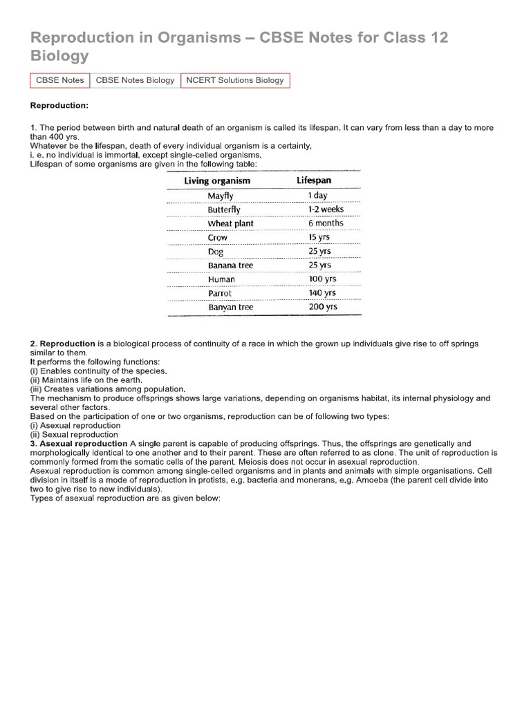 Reproduction in Organisms - CBSE Notes For Class 12 Biology - Learn ...