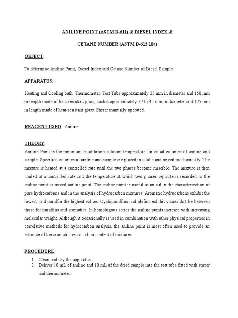 Aniline Point (Astm D-611) & Diesel Index & Cetane Number (Astm D-613 ...