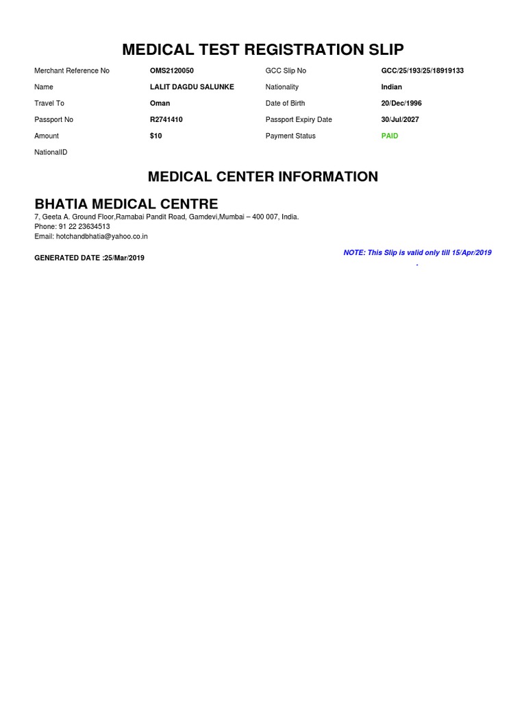 Medical Test Registration Slip for Oman | PDF