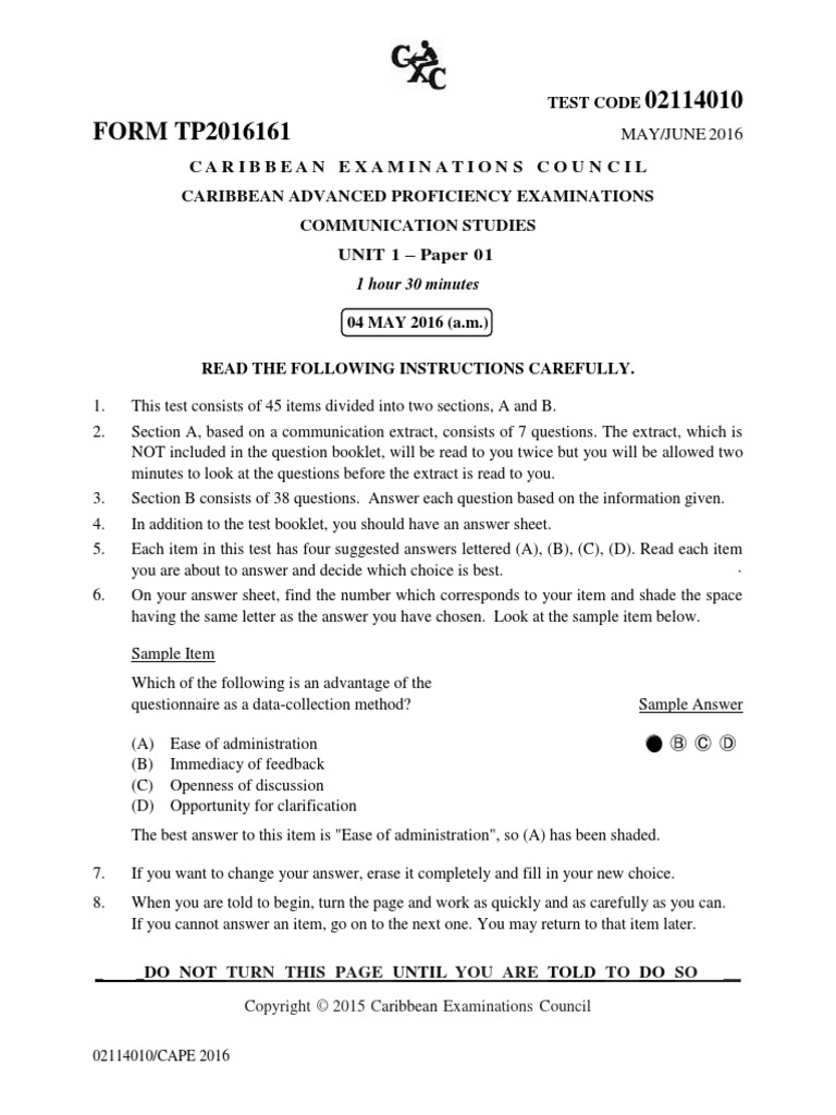 CAPE Communication Studies 2016 P1 | Essays | Nonverbal Communication