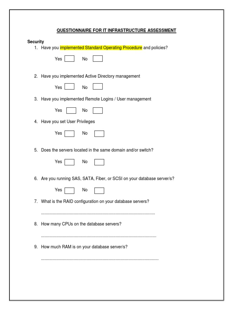 Questionnaire For It Infrastructure Assessment Security PDF Backup
