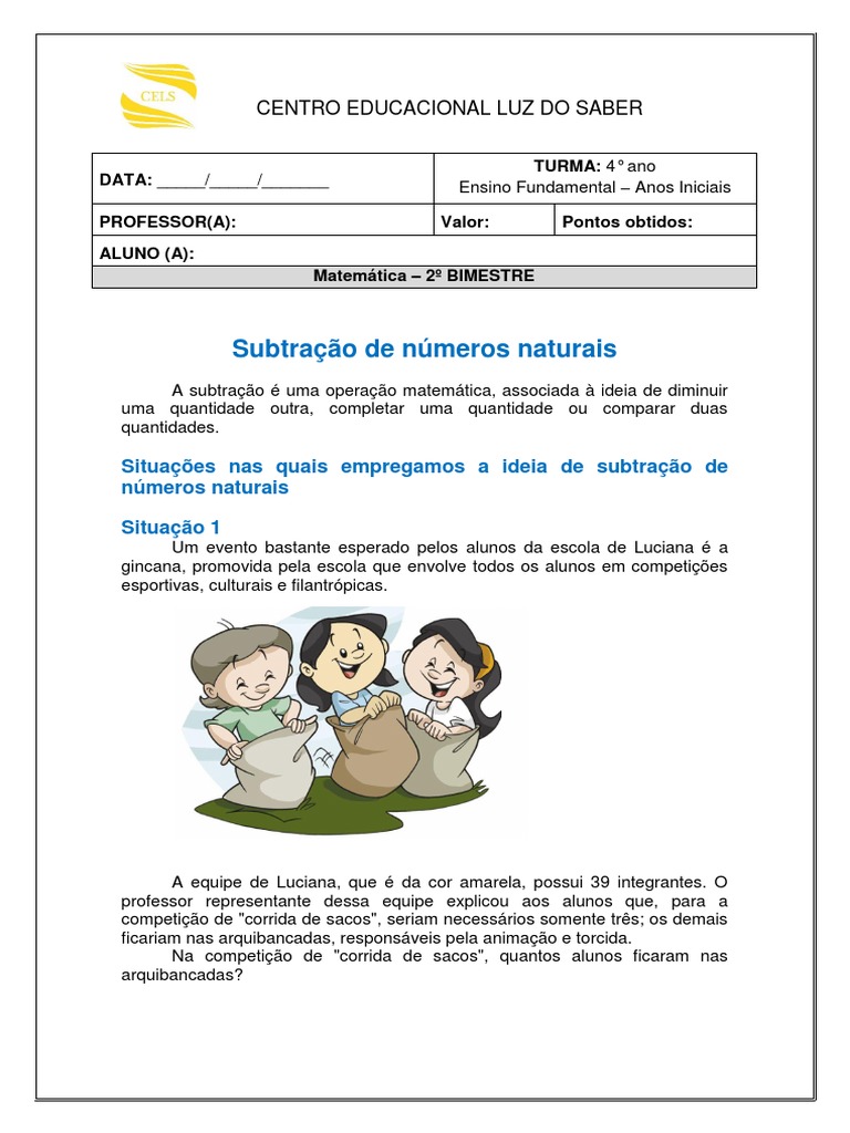 02 Subtração de Números Naturais | PDF | Subtração | Ensino de Matemática