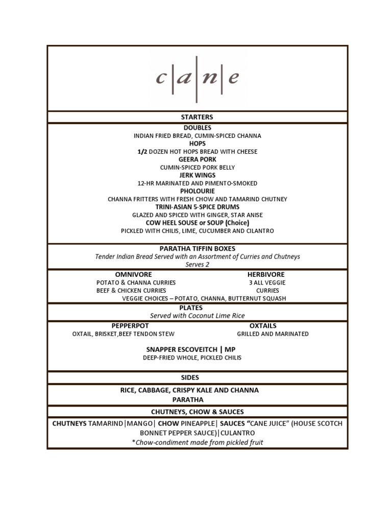 Cane Menu Chutney Curry