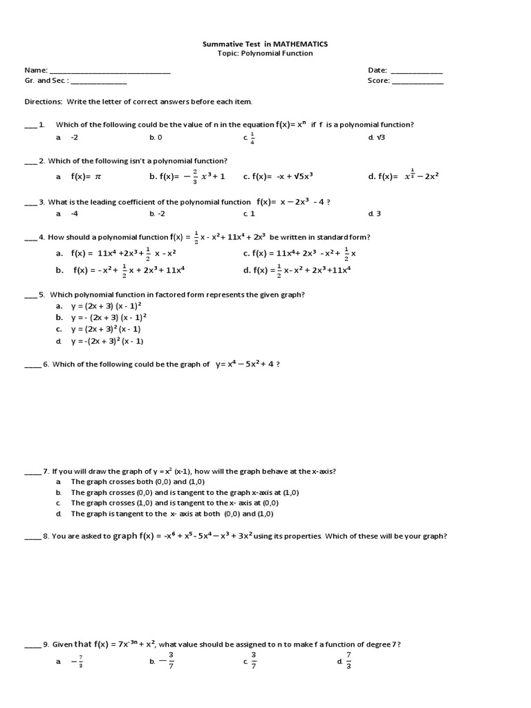 Grade 10 Polynomial Functions Test | PDF | Polynomial | Zero Of A Function