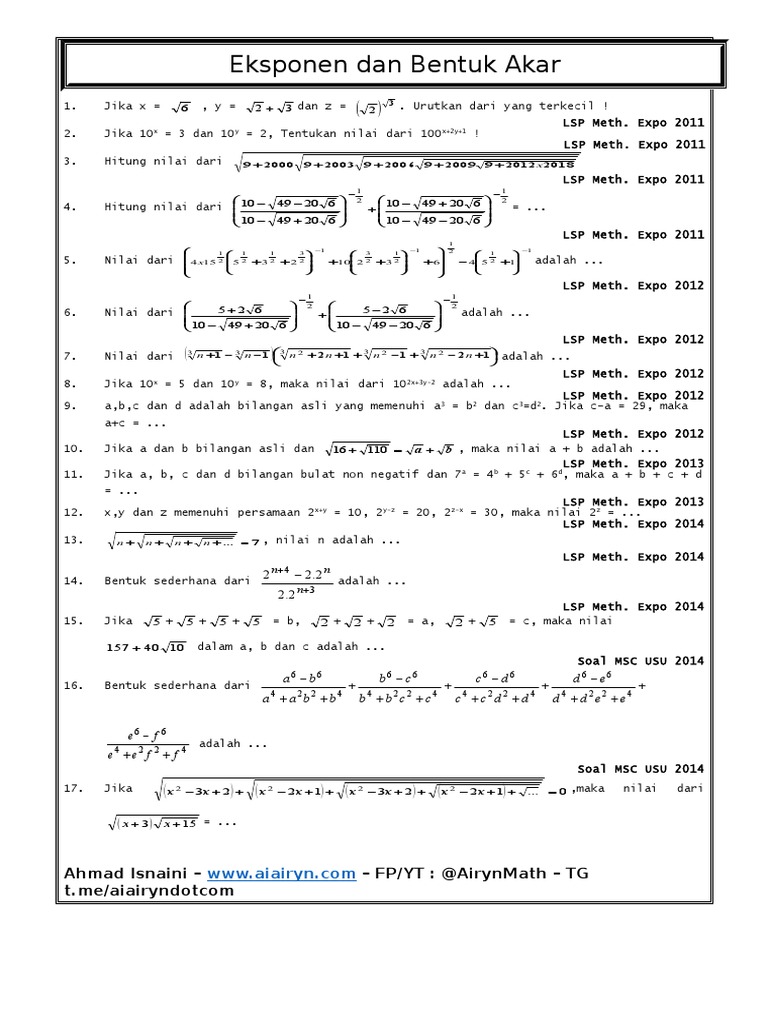 Eksponen Dan Bentuk Akar Ahmad Isnaini Fp Yt Airynmath Tg T Me Aiairyndotcom