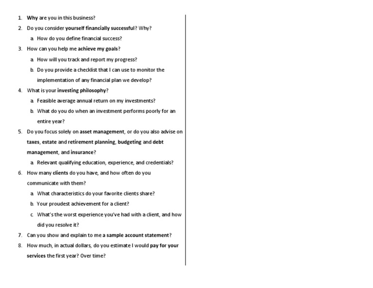Financial Advisor Interview Questions | PDF