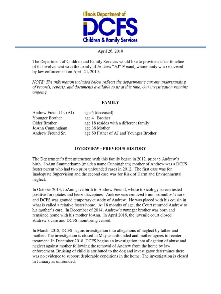 A.J. Freund DCFS Timeline PDF Child Protective Services Child Custody