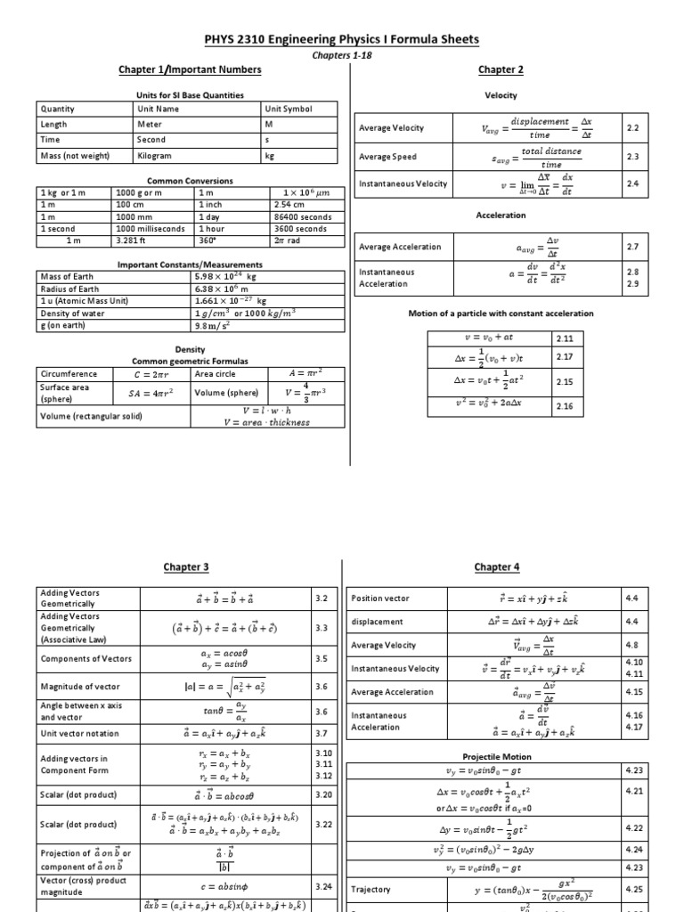 PHYS 2310 Engineering Physics I Formula Sheets Chapters 1-18 | PDF ...