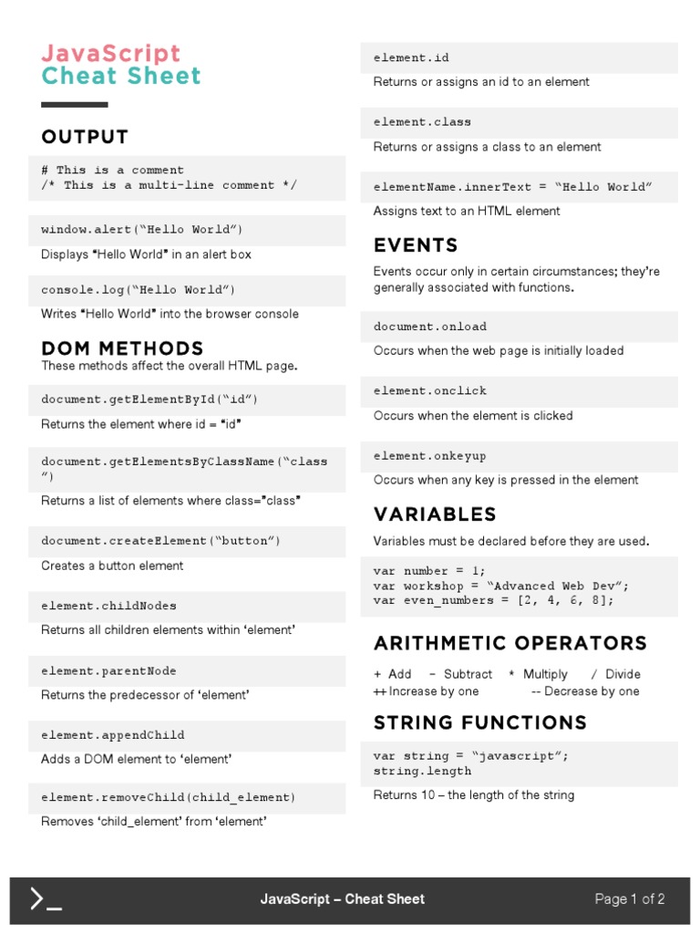 Cheat Sheet: Javascript | PDF | Document Object Model | Array Data ...