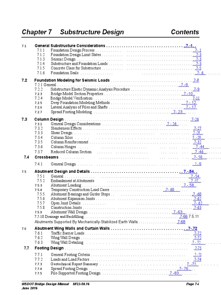 Chapter 7 Substructure Design WSDOT Bridge Design Manual M 2350.16 Page 7I June 2016 PDF