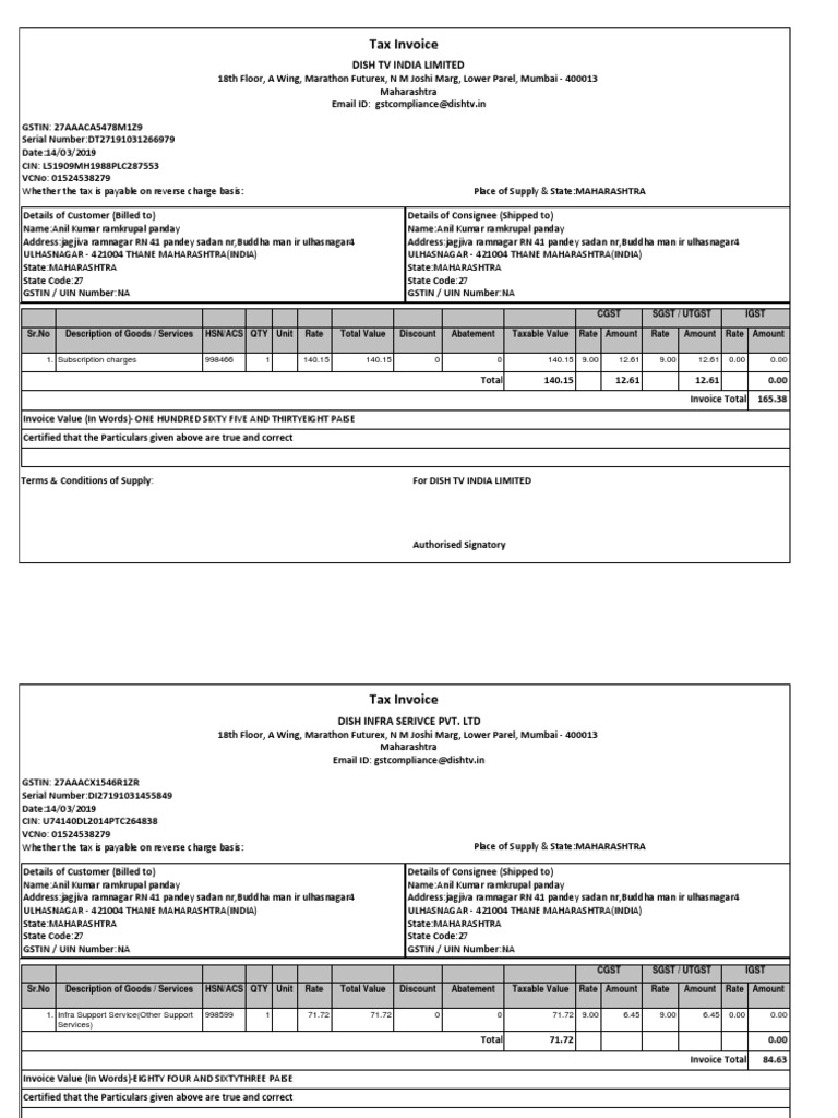 DISH TV Tax Invoice Details | PDF | Invoice | Public Finance