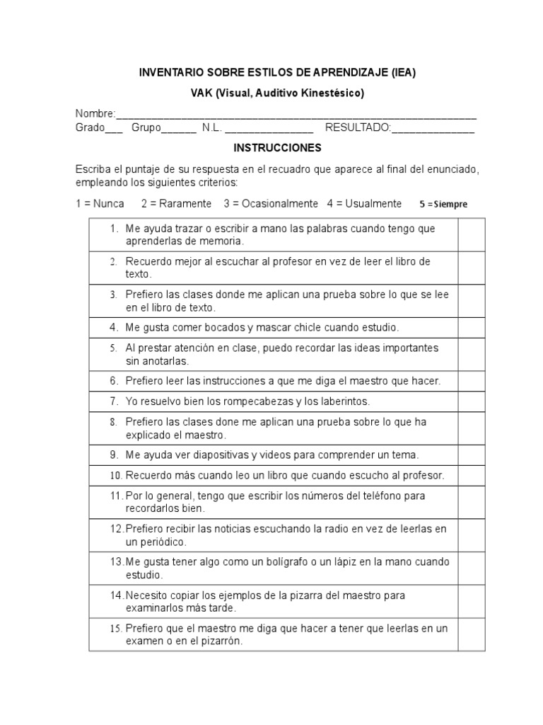 Test de Estilos de Aprendizaje VAK | PDF | Aprendiendo estilos ...