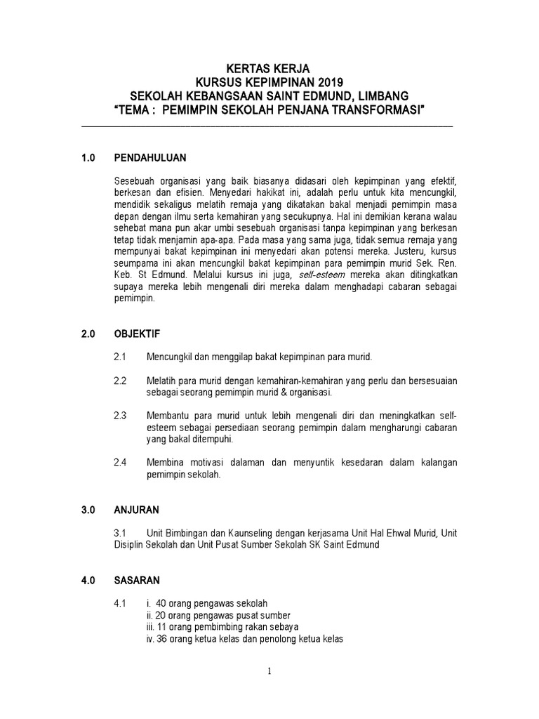Kertas Kerja Kem Kepimpinan Pengawas 2019