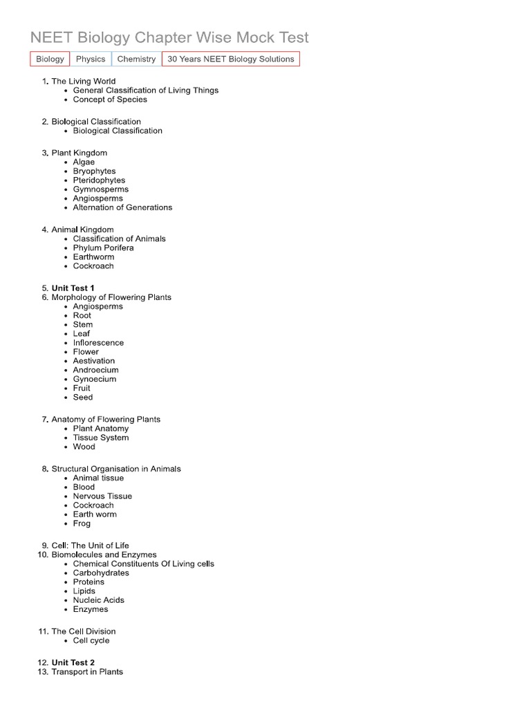 Biology Mock Test For NEET 2019 - Chapterwise PDF | PDF