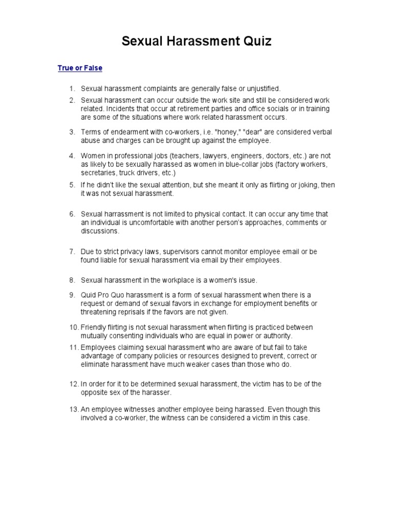 Sexual Harassment Quiz PDF Sexual Harassment Applied Ethics