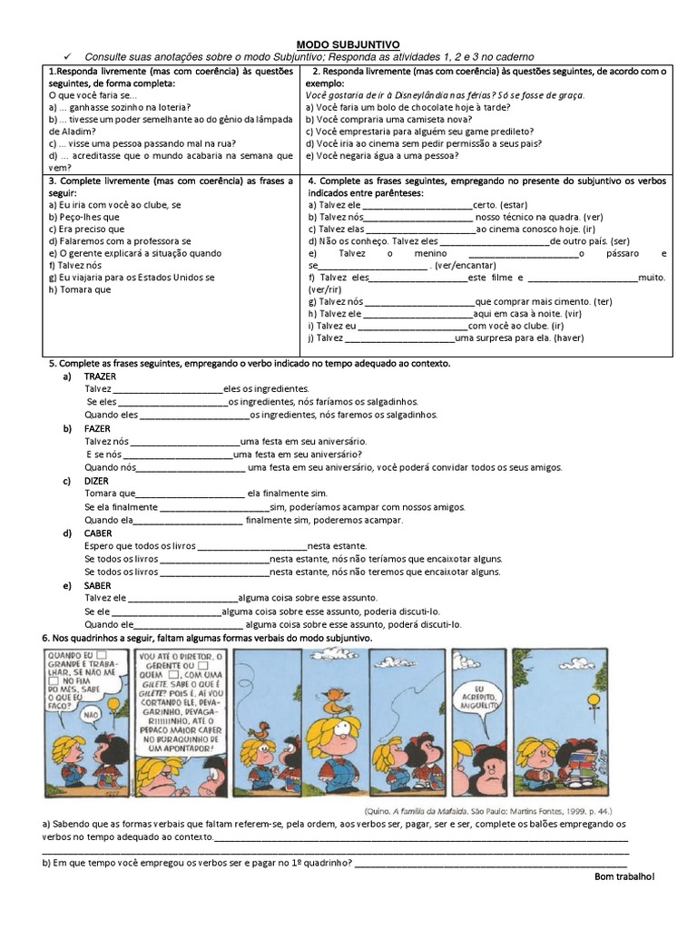 Exercícios sobre o Modo Subjuntivo | PDF | Lazer