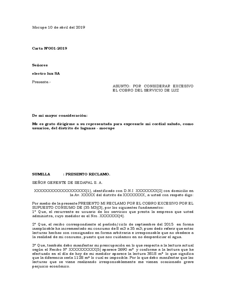 Reclamo por Cobro Excesivo de Luz | PDF